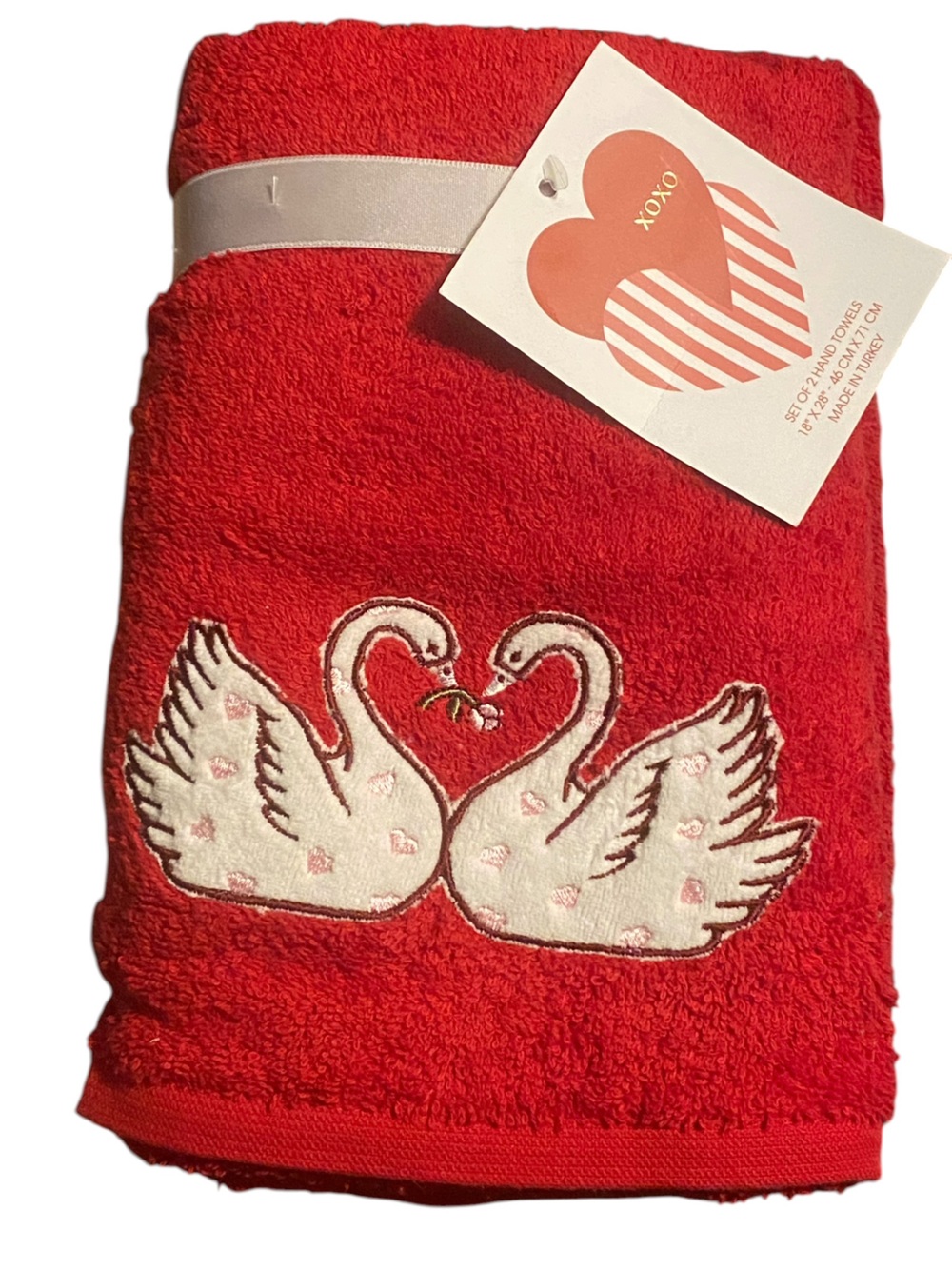 Set of 2 Red Hand Towels Depicting 2 Swans Making a Heart